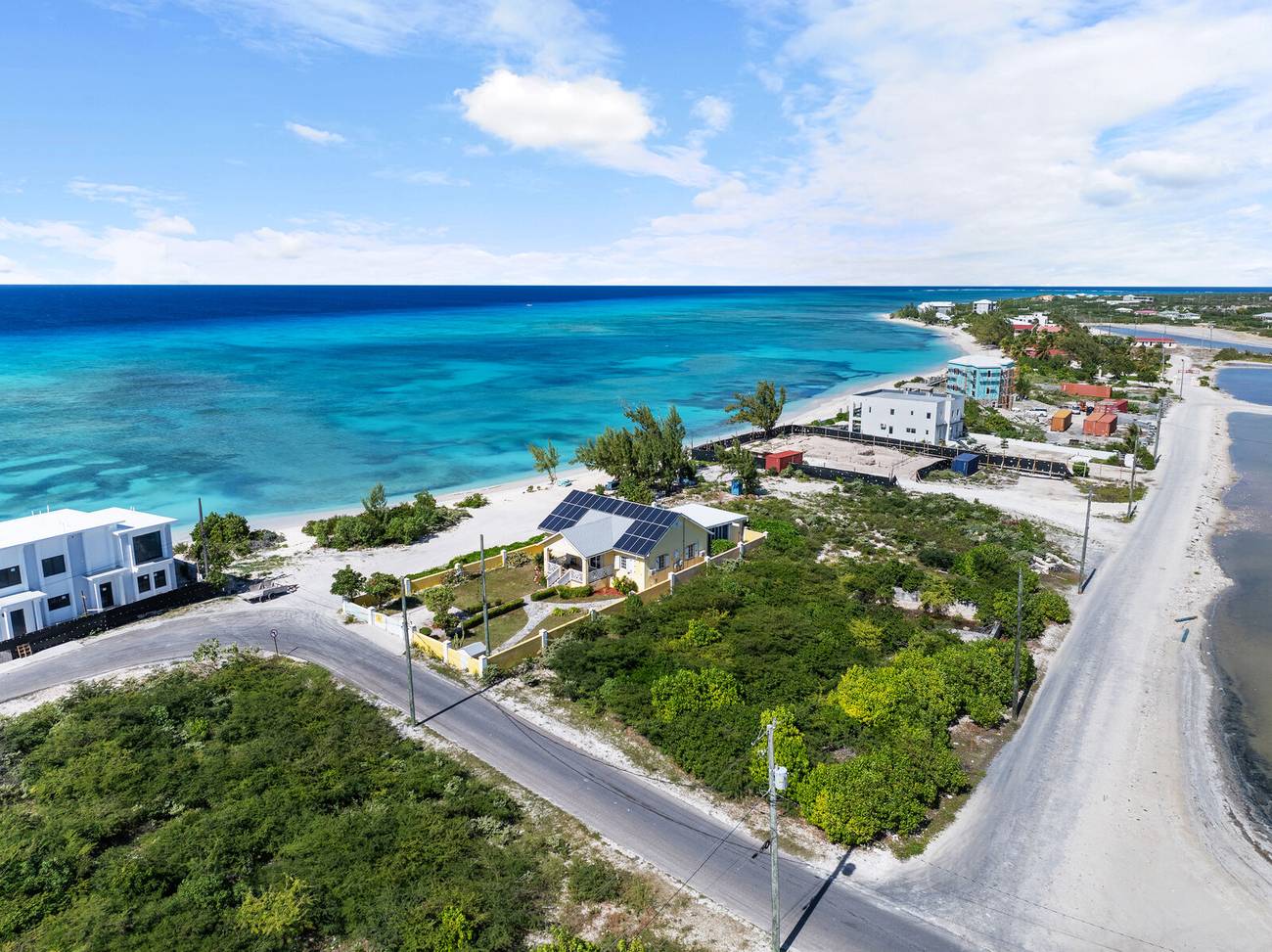 Drone view of the villa on the point between the sea and the salina