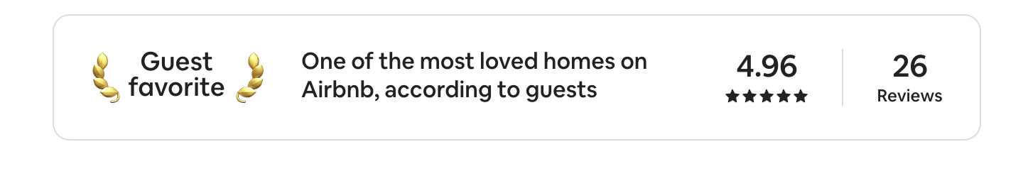 Airbnb Guest favorite. One of the most loved homes on Airbnb, according to guests. Rated 4.96 out of 5 from 26 reviews.
