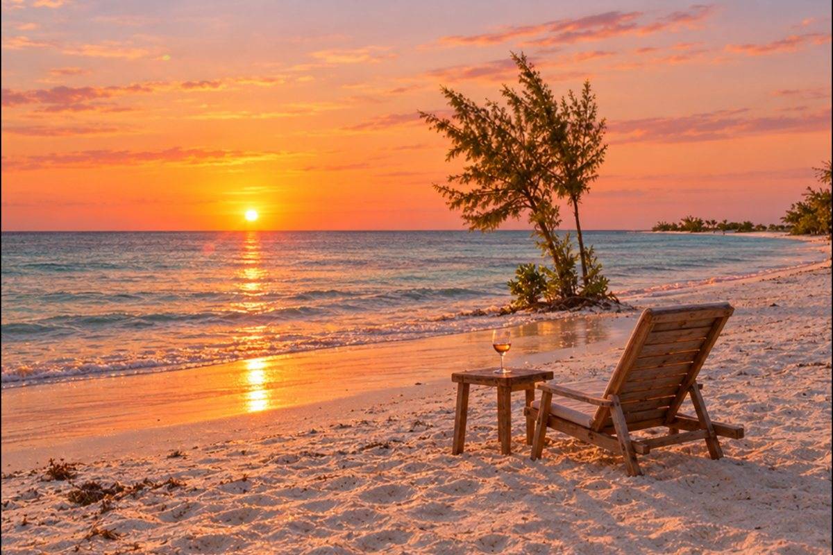 Sunset over the sea on Pillory Beach, Grand Turk, with a wooden beach chair and side table on the sand